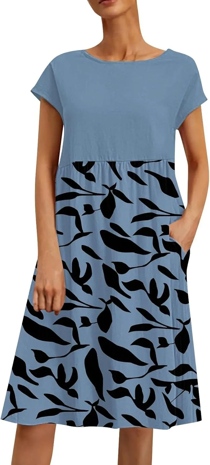 Long Floral Dresses for Women 2025 Elegant Short Sleeve Maxi Dress Patchwork Short Sleeve Modest Flowy A Line Dress
