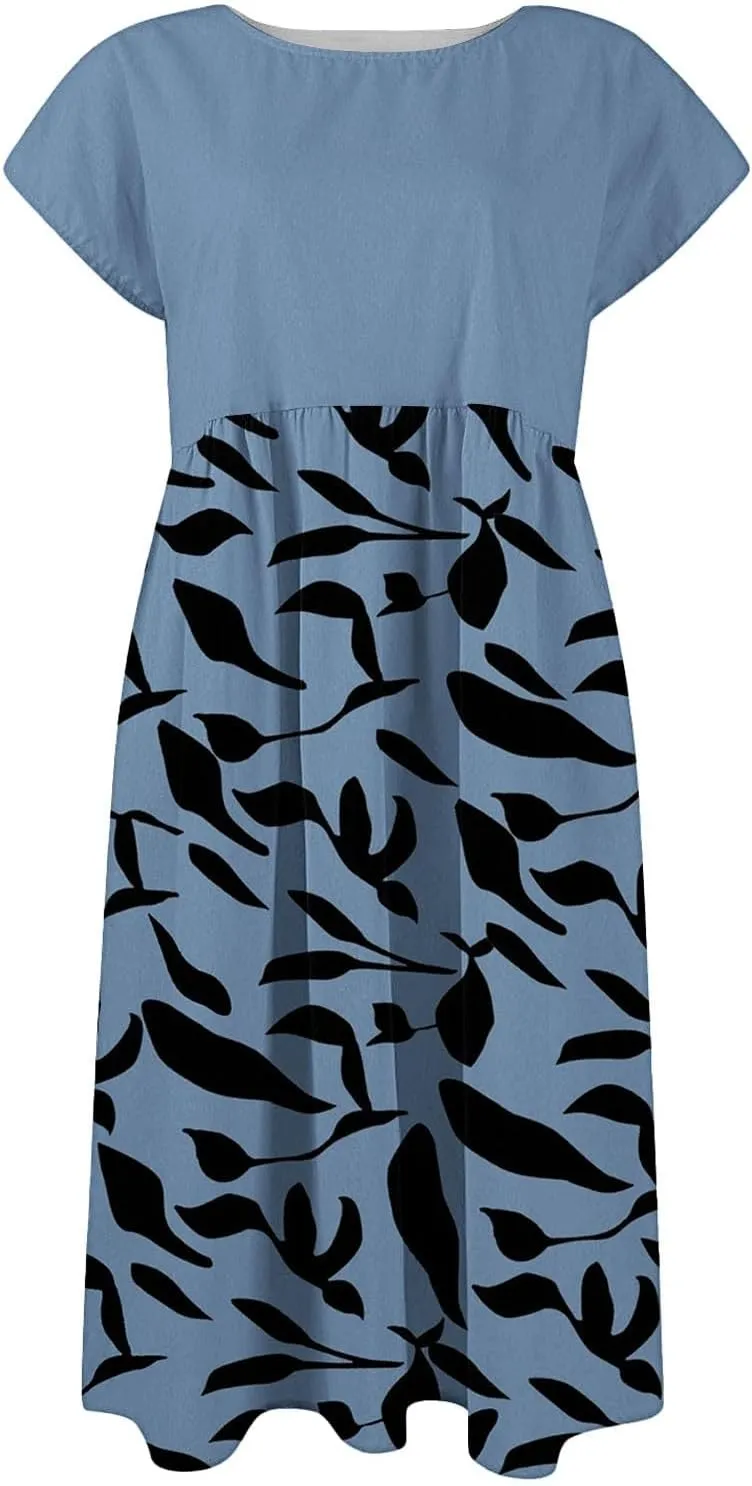 Long Floral Dresses for Women 2025 Elegant Short Sleeve Maxi Dress Patchwork Short Sleeve Modest Flowy A Line Dress
