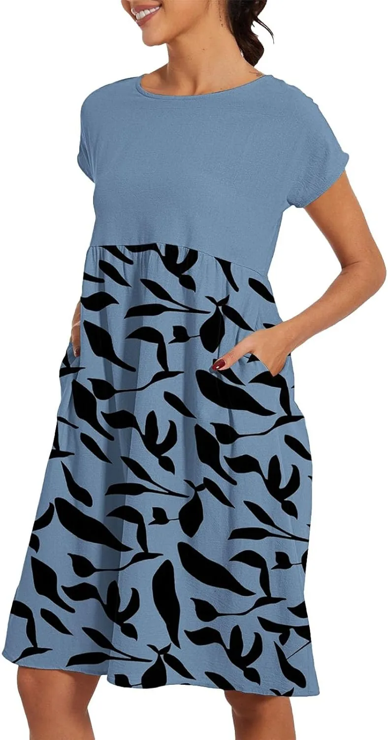 Long Floral Dresses for Women 2025 Elegant Short Sleeve Maxi Dress Patchwork Short Sleeve Modest Flowy A Line Dress
