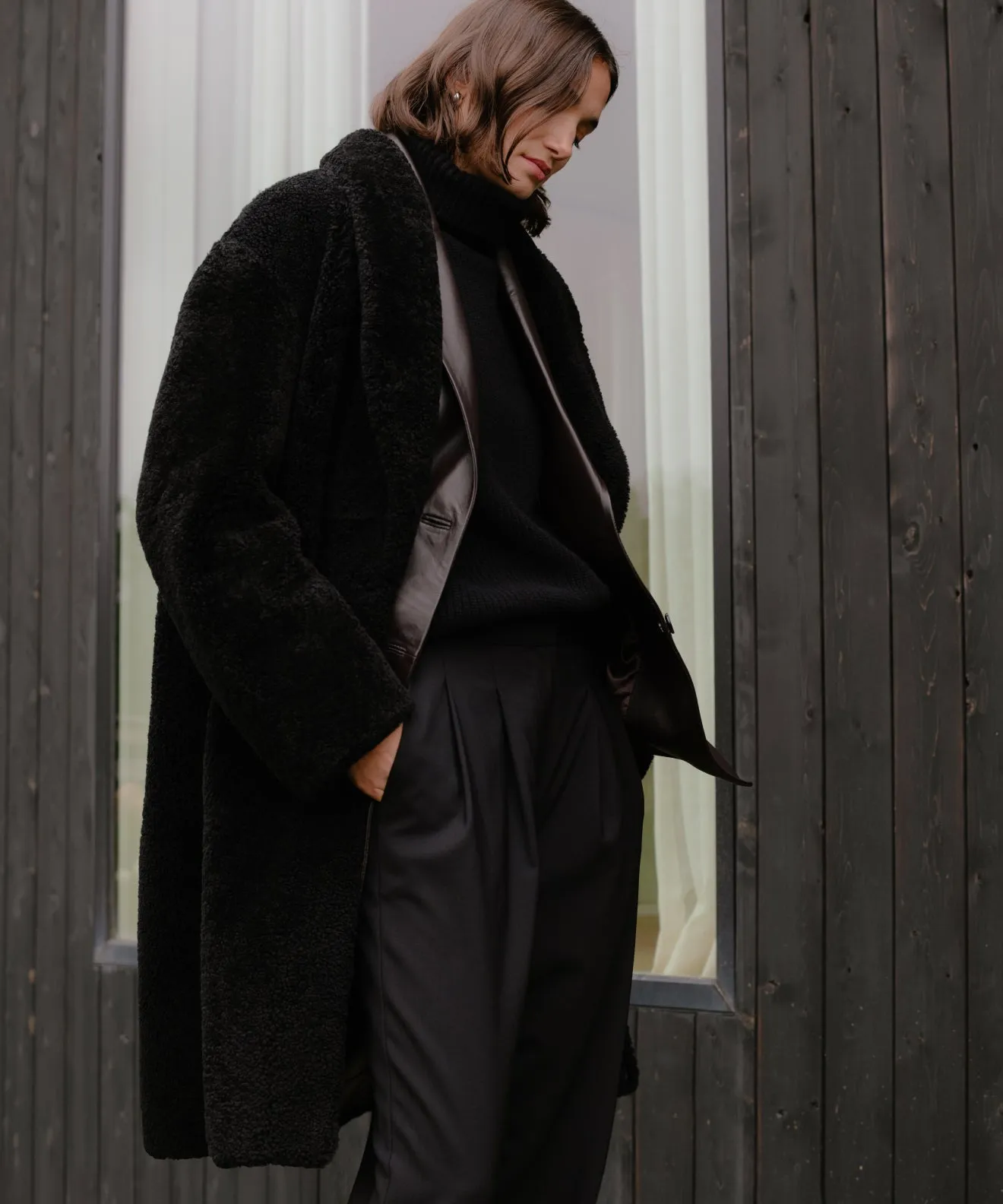 Adaptive Layering System Sleek Layer Fit Long Shearling Yves Shawl Coat