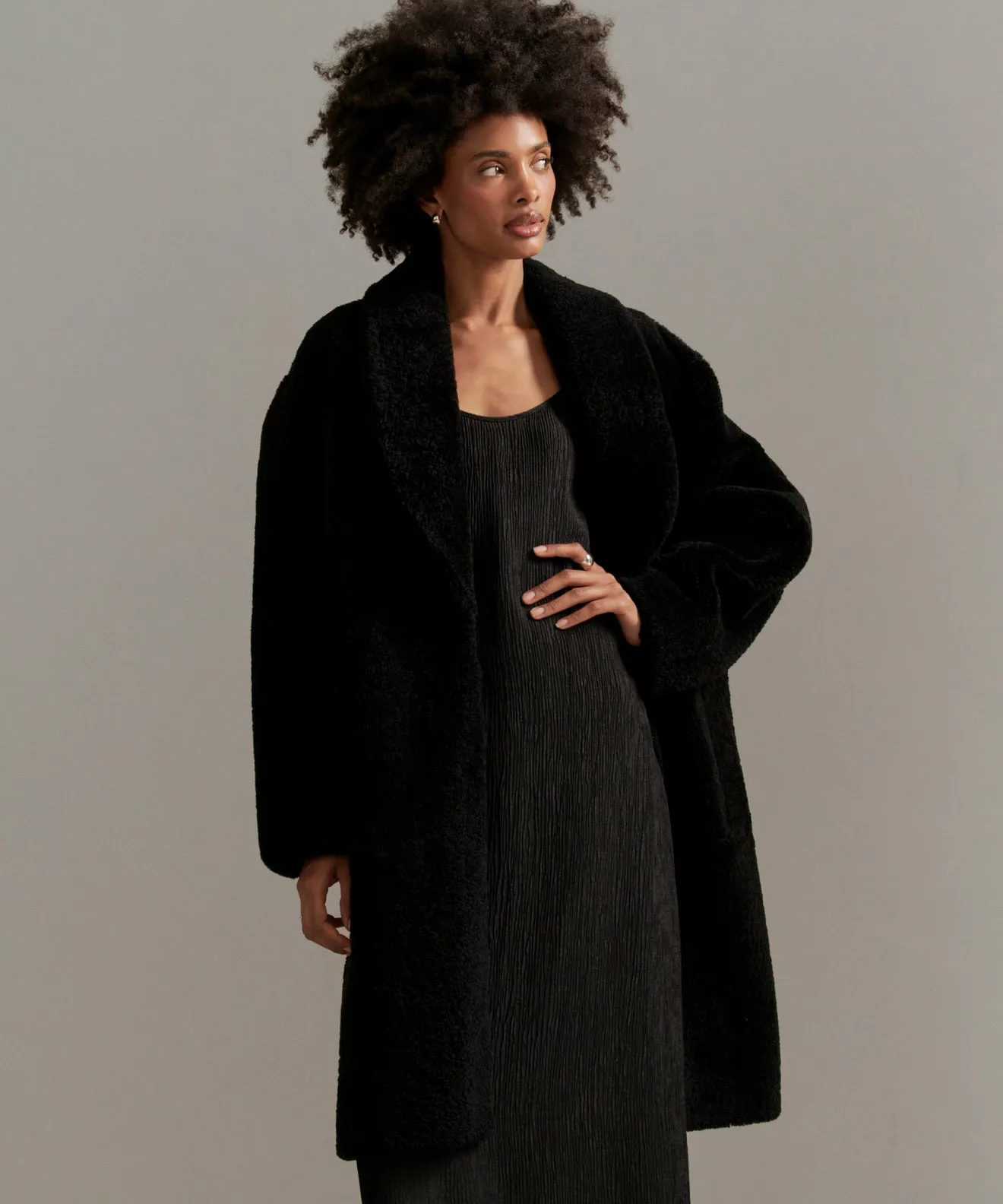 Long Shearling Yves Shawl Coat Cold Ready Look Mid Length