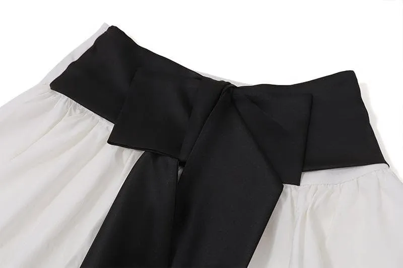 Long sleeve crewneck bowknot lace up ribbon ruched mini skirt set