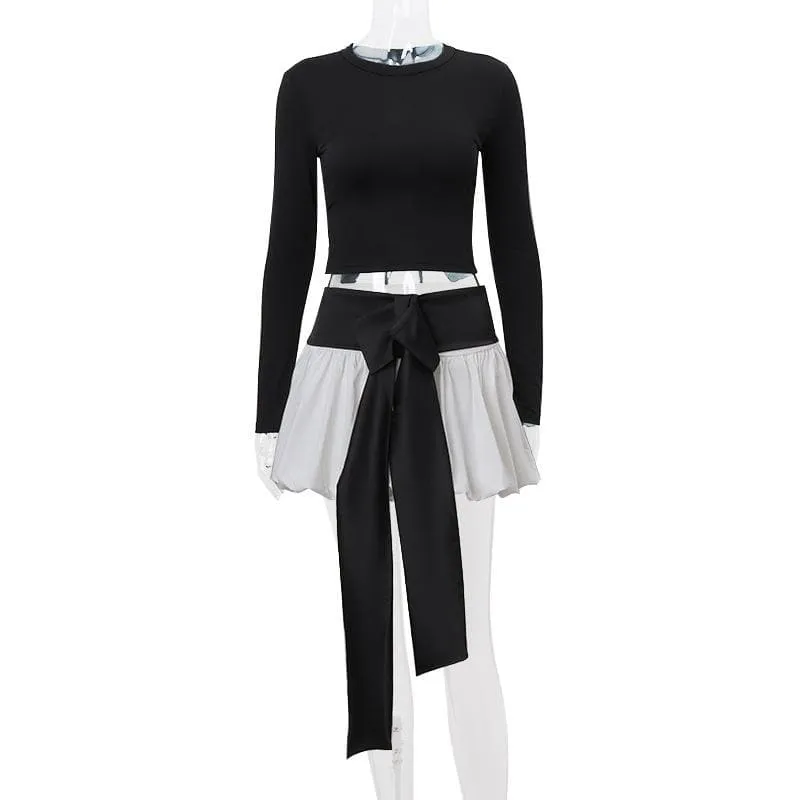 Long sleeve crewneck bowknot lace up ribbon ruched mini skirt set