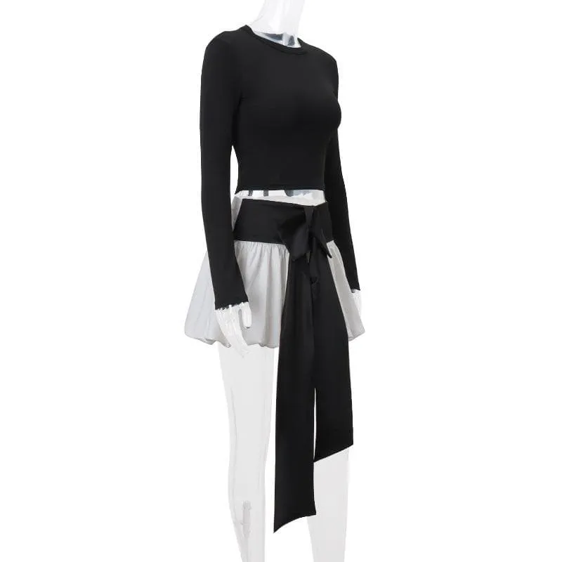 Long sleeve crewneck bowknot lace up ribbon ruched mini skirt set