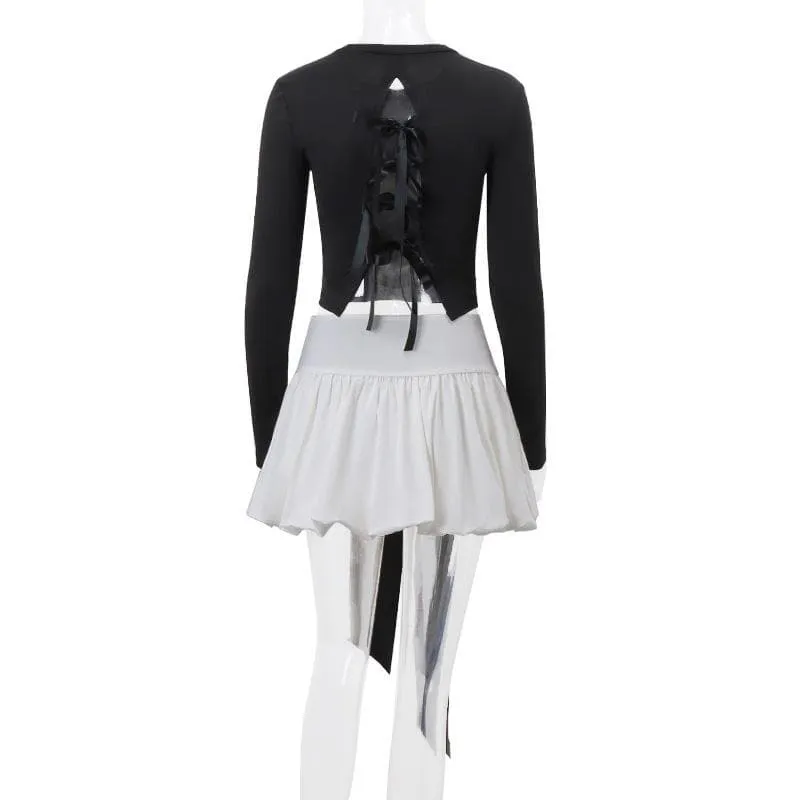 Long sleeve crewneck bowknot lace up ribbon ruched mini skirt set