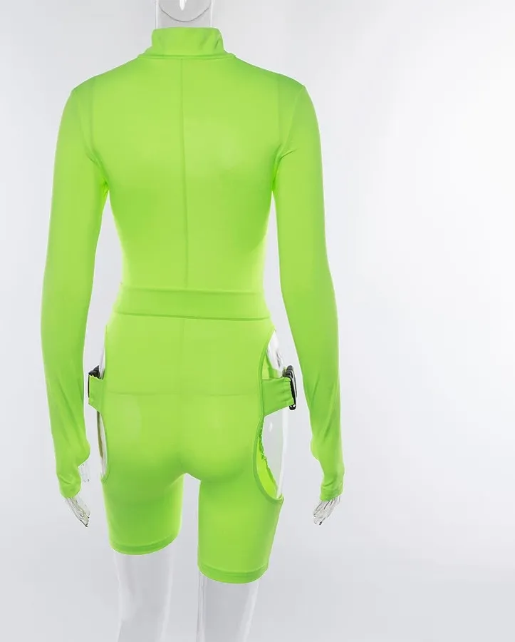 Long Sleeve High Neck Zipper Buckle Band Hollow Outwear
