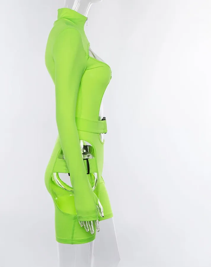 Long Sleeve High Neck Zipper Buckle Band Hollow Outwear