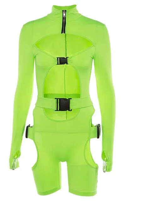 Long Sleeve High Neck Zipper Buckle Band Hollow Outwear