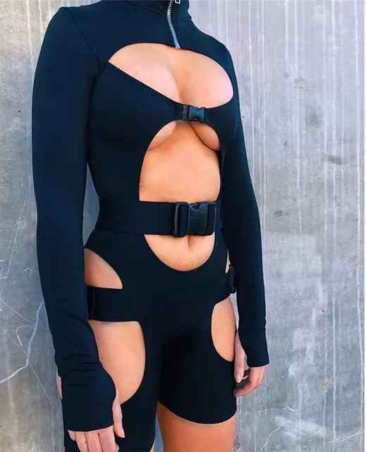Long Sleeve High Neck Zipper Buckle Band Hollow Outwear