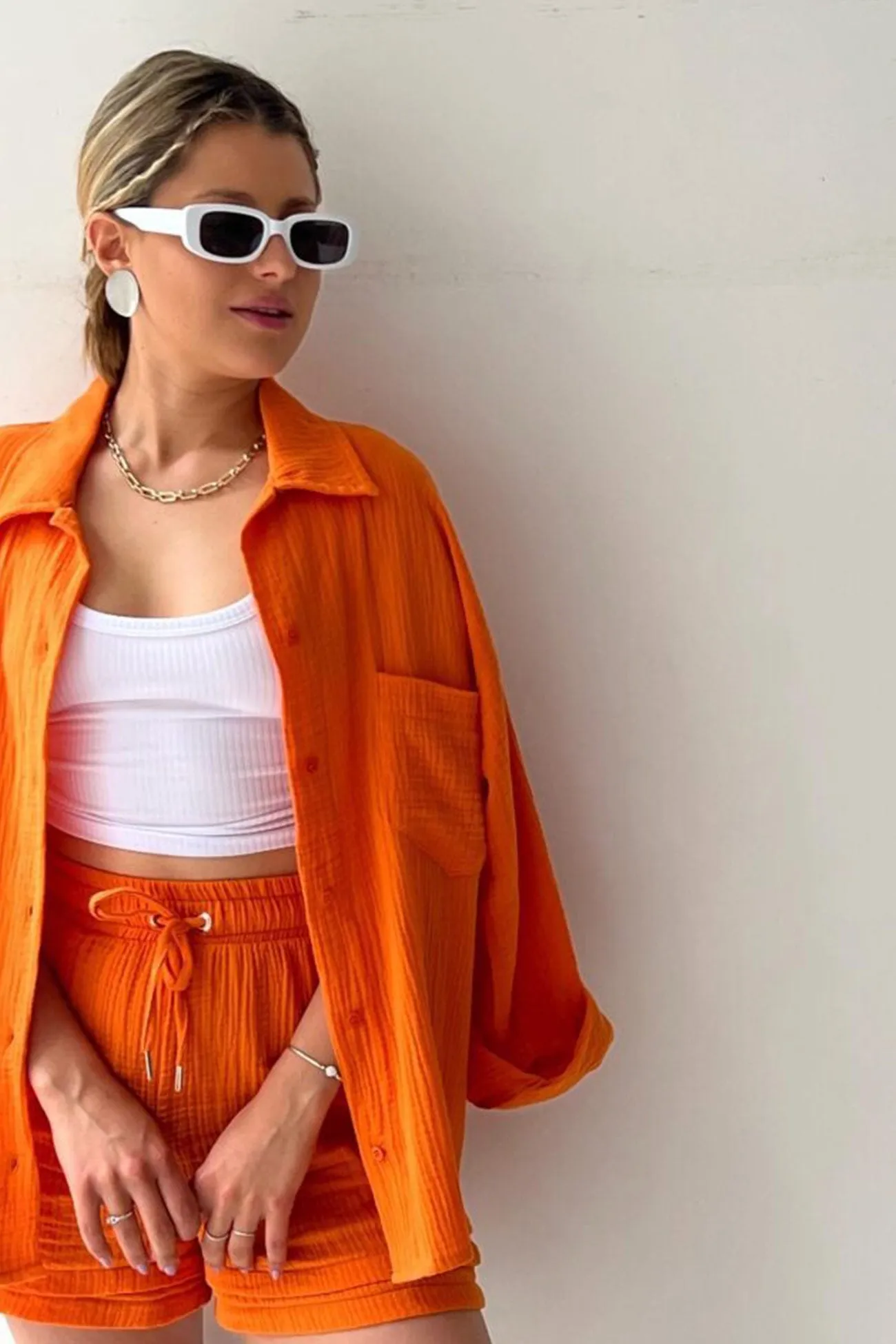 Long Sleeve Solid Color Shirt Shorts Set