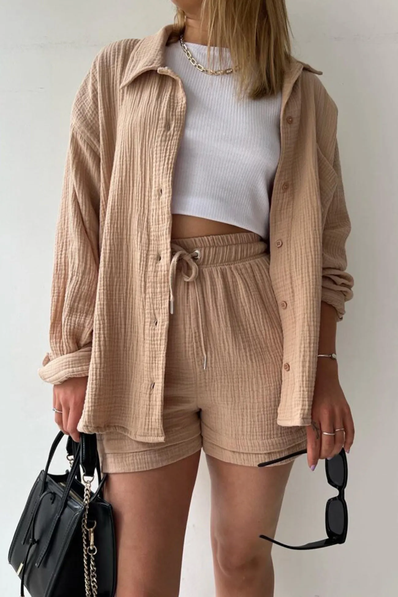 Long Sleeve Solid Color Shirt Shorts Set