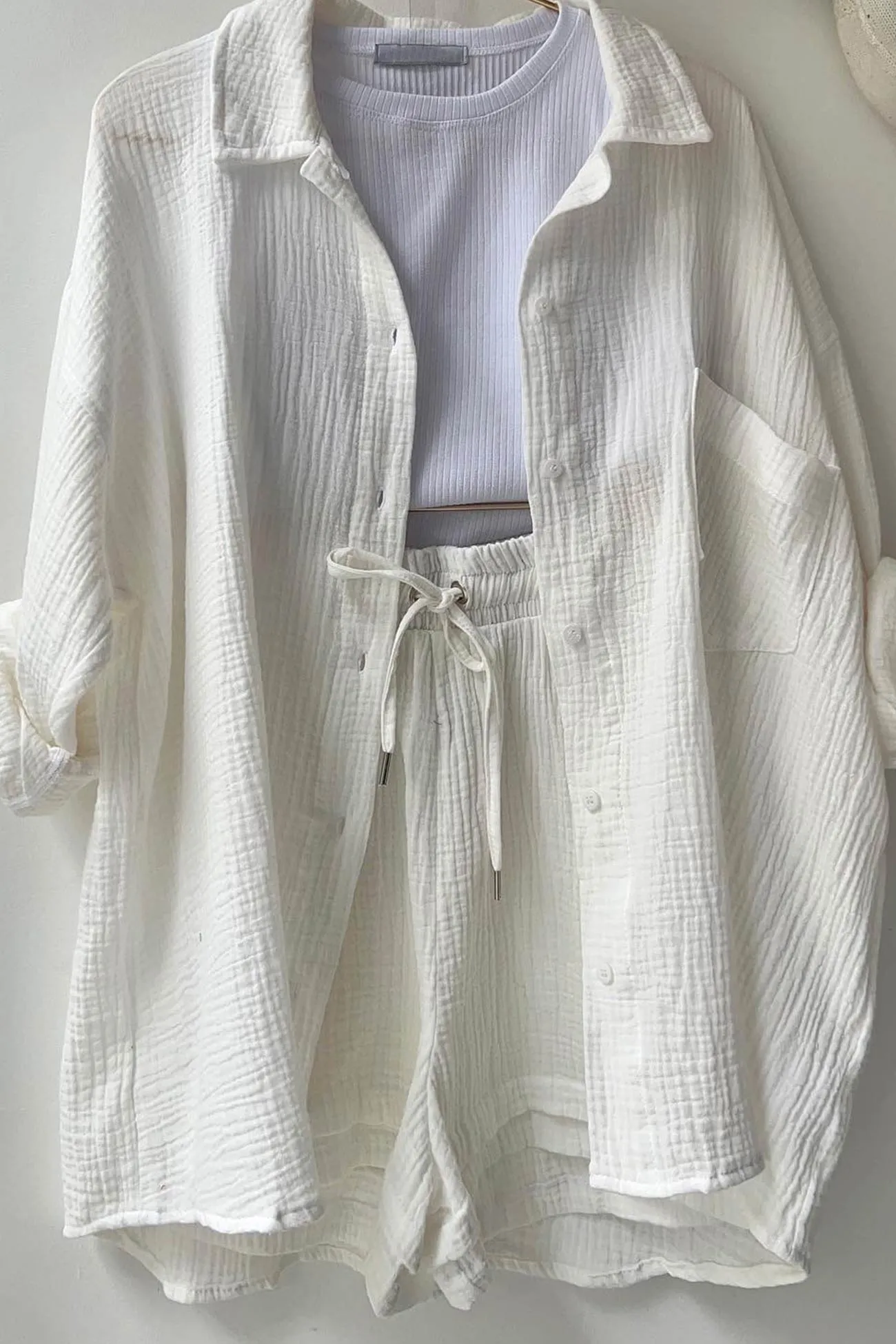 Long Sleeve Solid Color Shirt Shorts Set