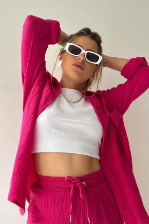 Long Sleeve Solid Color Shirt Shorts Set