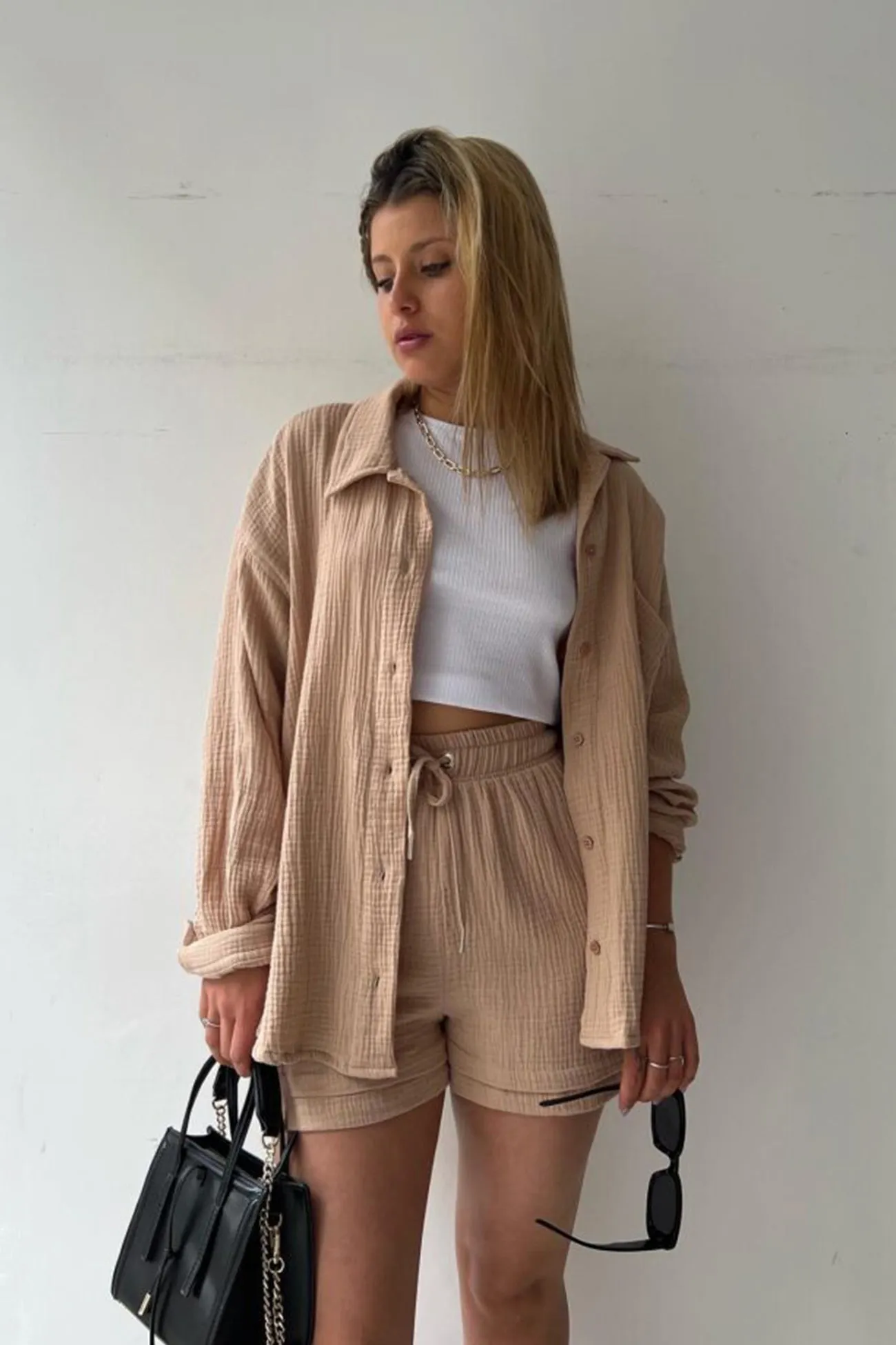 Long Sleeve Solid Color Shirt Shorts Set