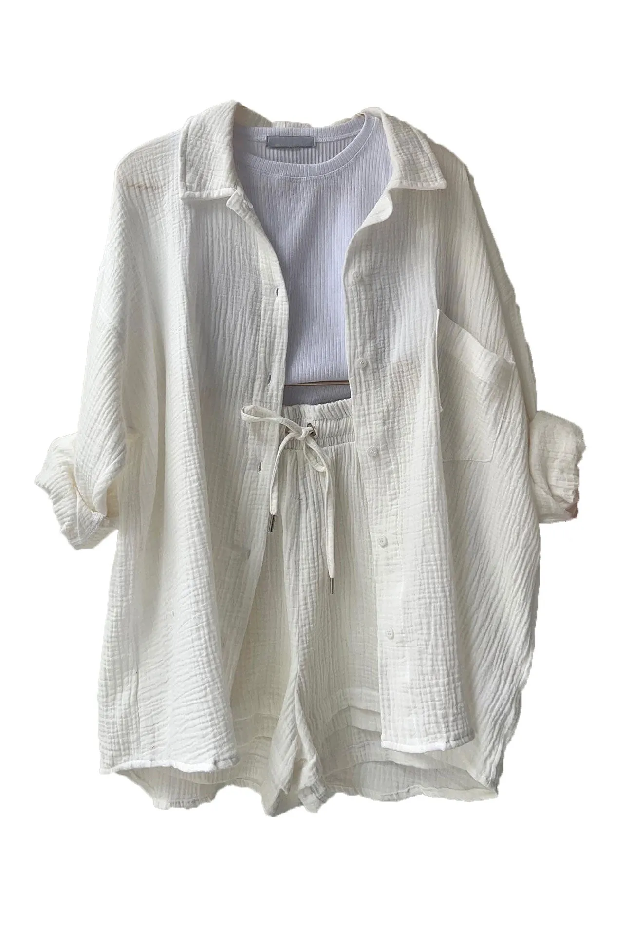 Long Sleeve Solid Color Shirt Shorts Set