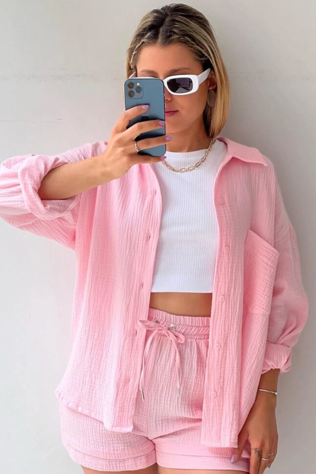 Long Sleeve Solid Color Shirt Shorts Set