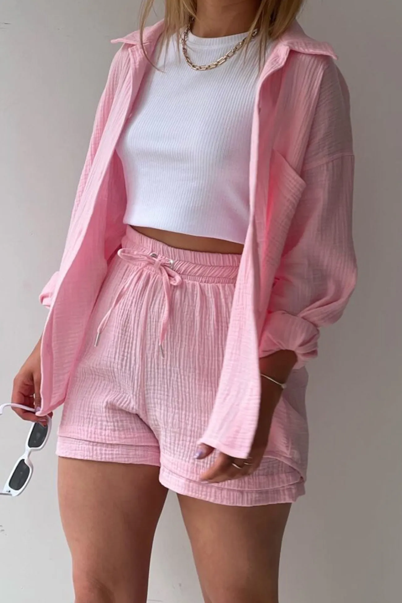 Long Sleeve Solid Color Shirt Shorts Set