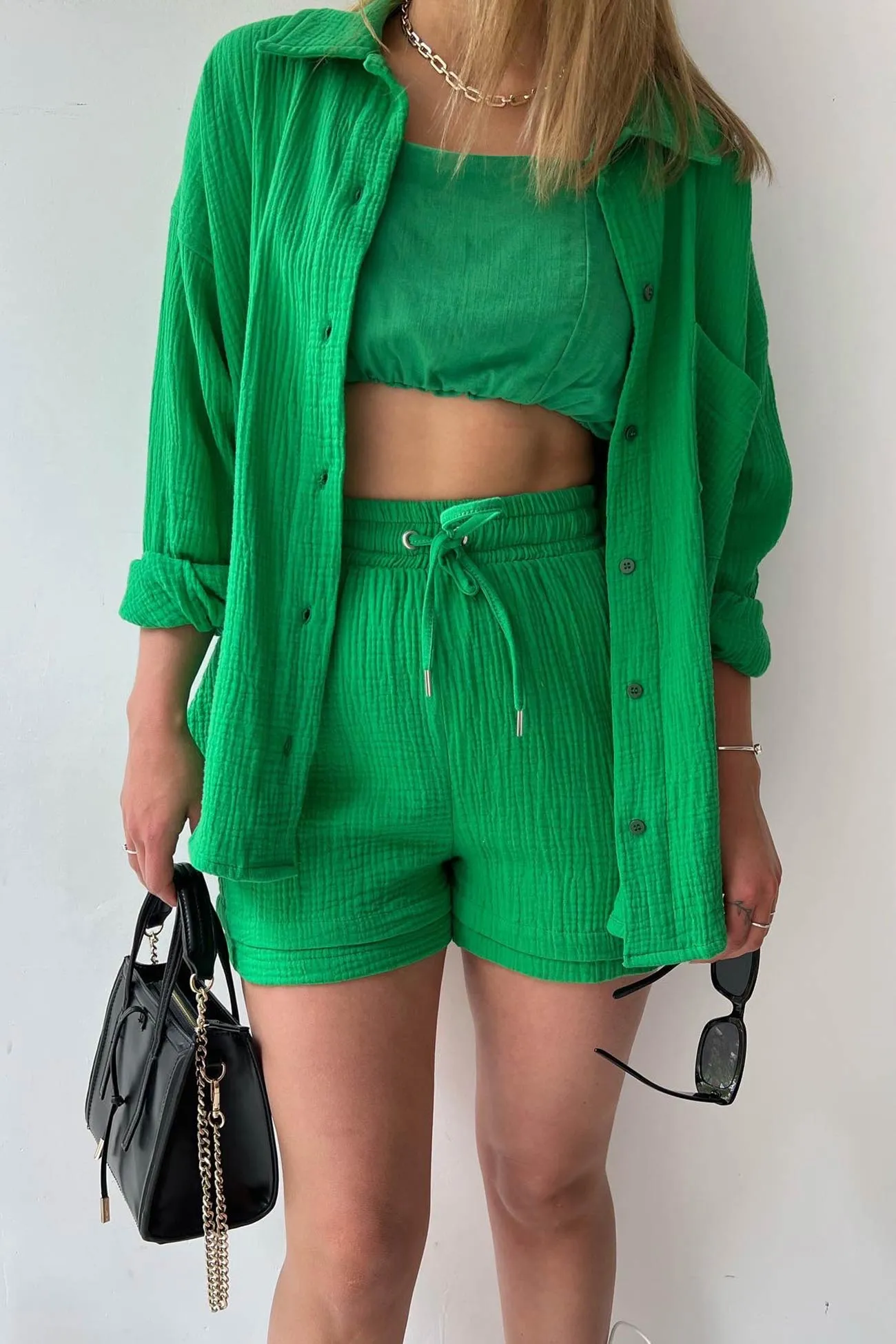 Long Sleeve Solid Color Shirt Shorts Set