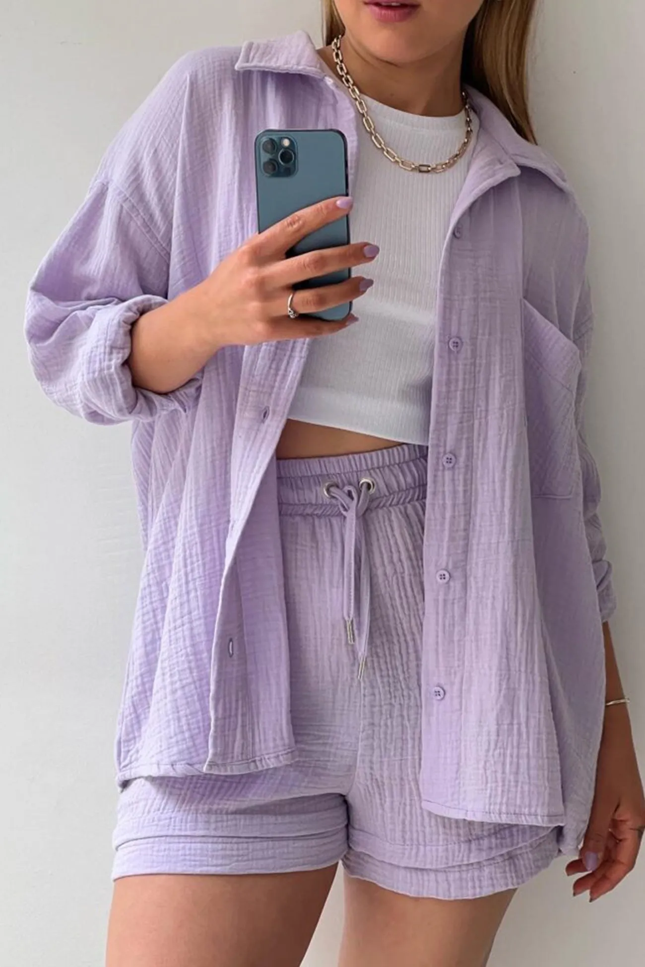 Long Sleeve Solid Color Shirt Shorts Set