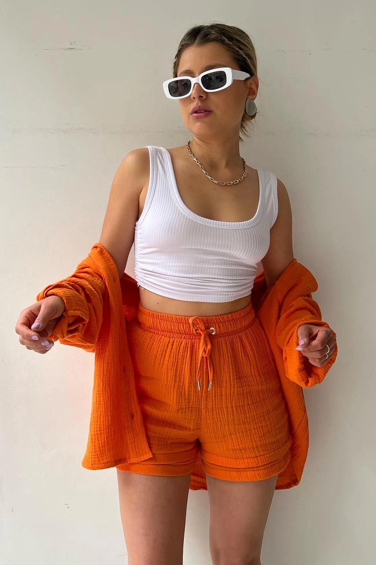 Long Sleeve Solid Color Shirt Shorts Set
