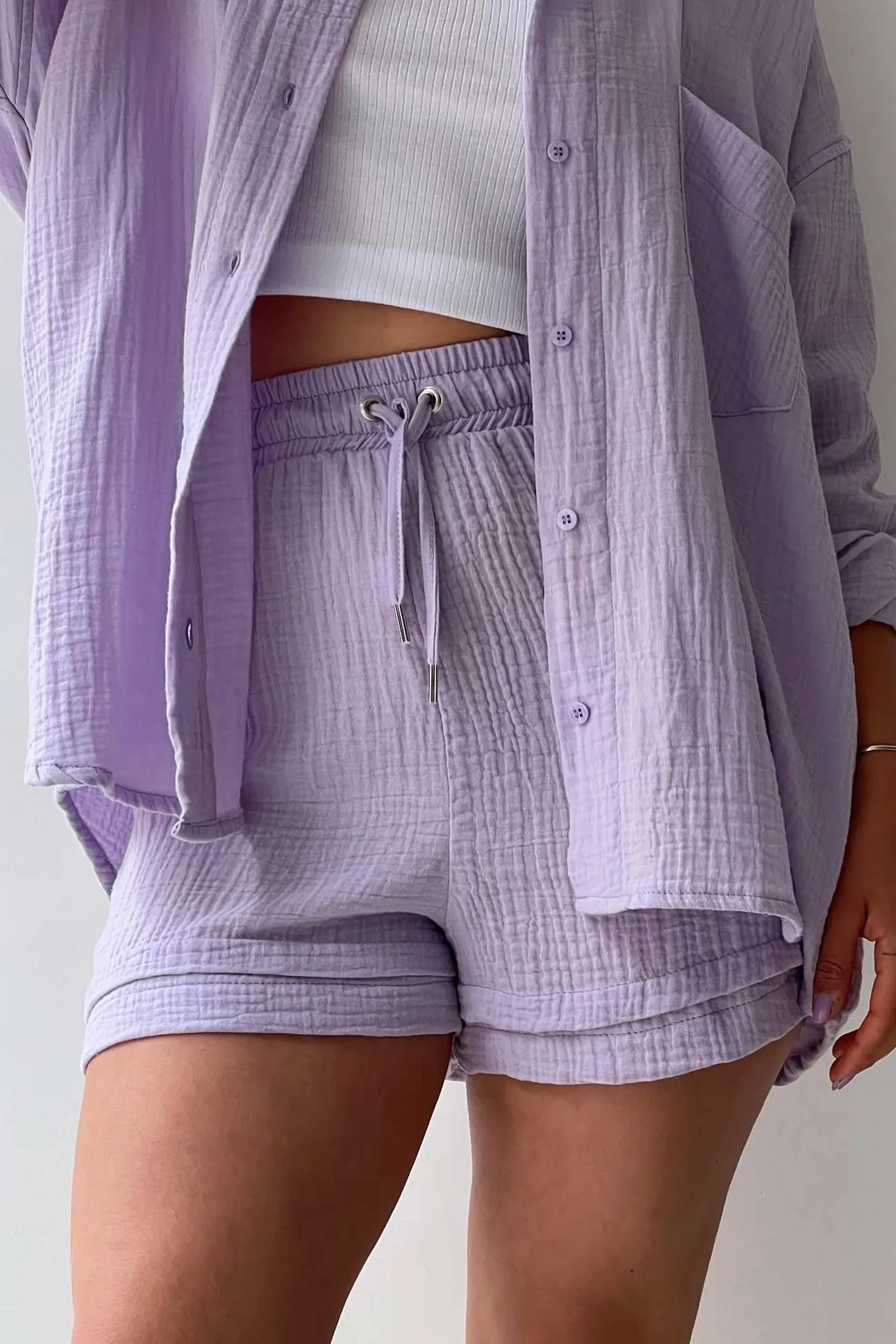 Long Sleeve Solid Color Shirt Shorts Set