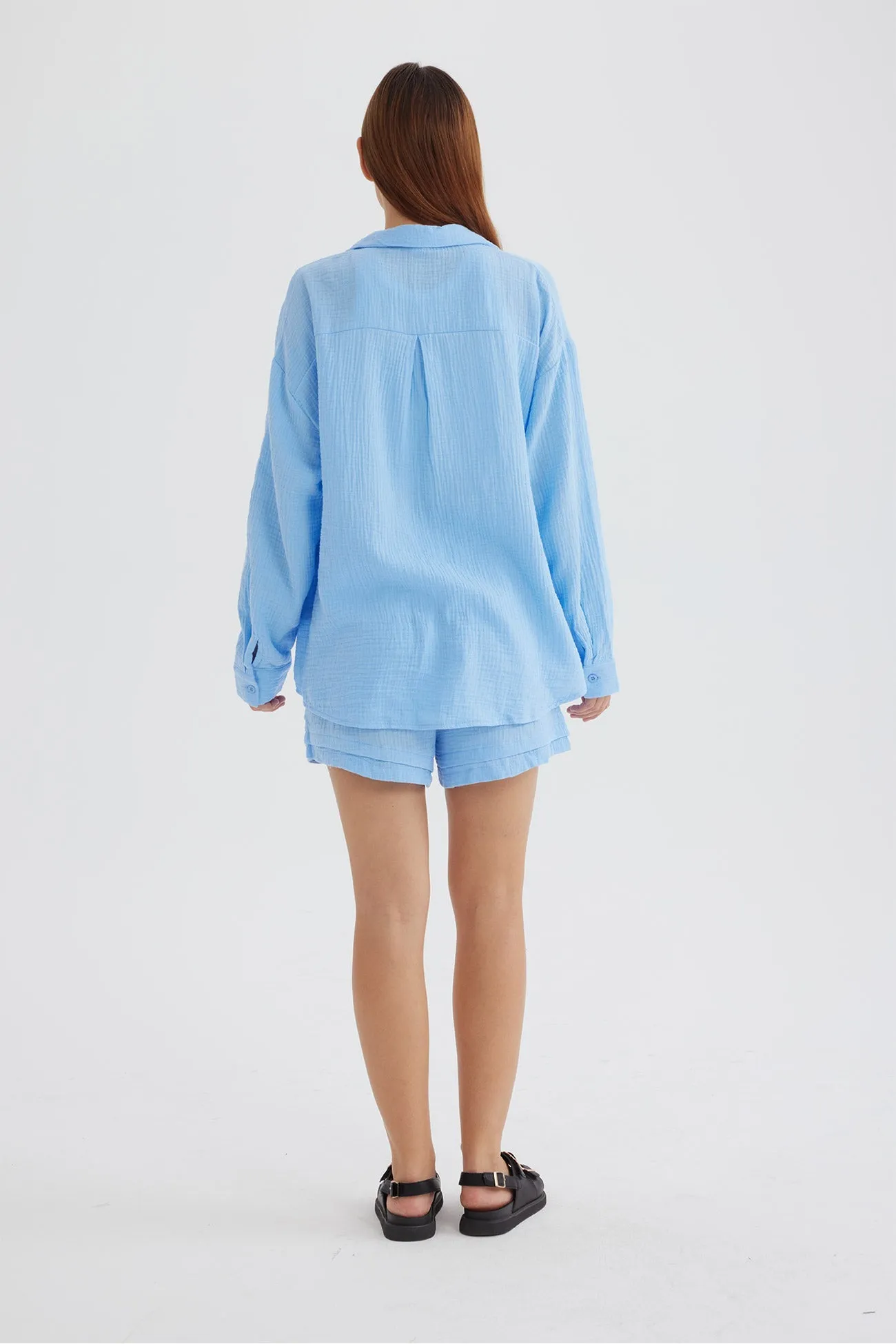 Long Sleeve Solid Color Shirt Shorts Set