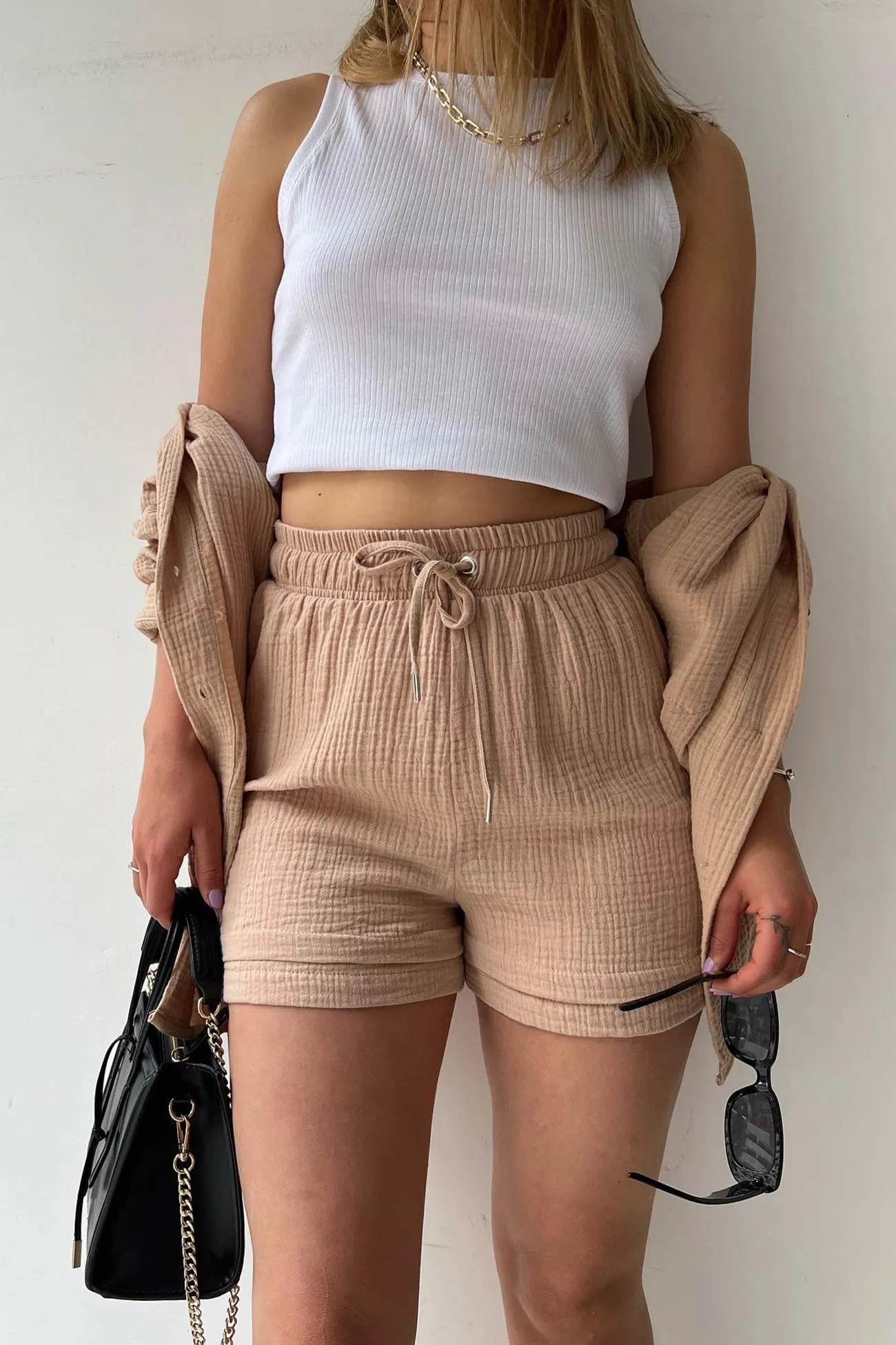 Long Sleeve Solid Color Shirt Shorts Set