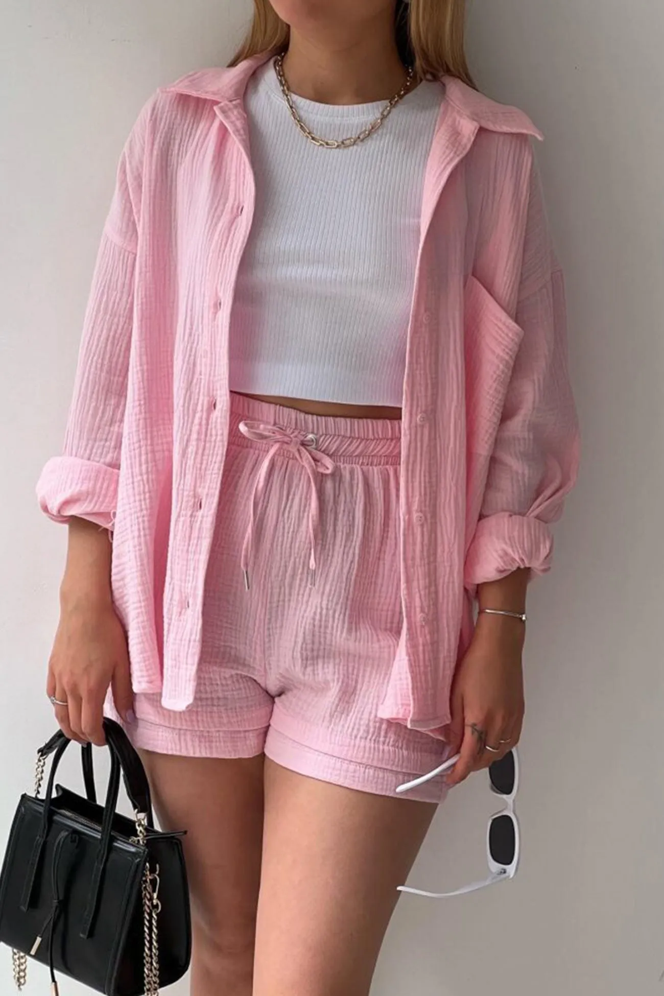 Long Sleeve Solid Color Shirt Shorts Set