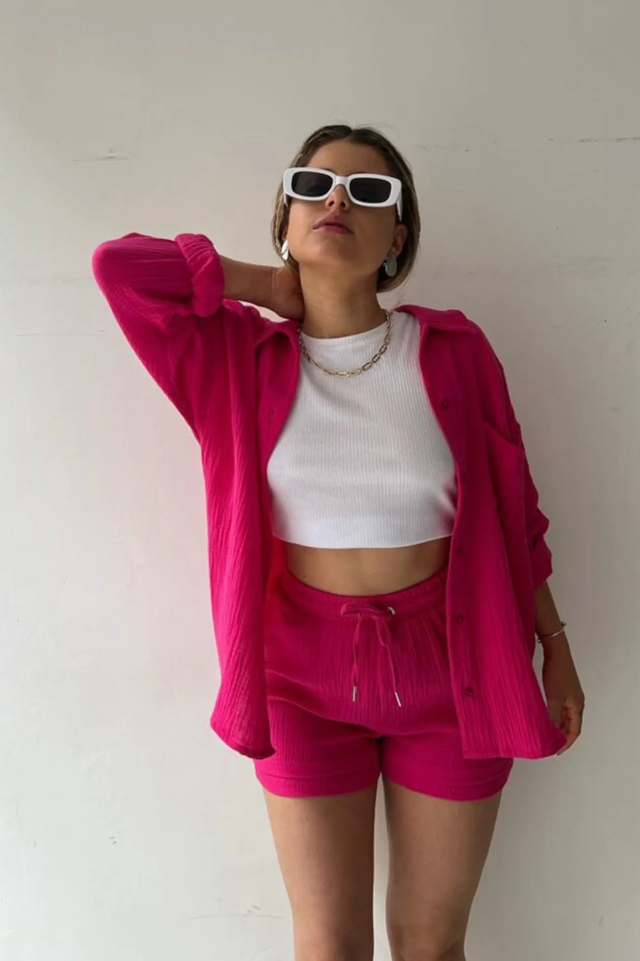 Long Sleeve Solid Color Shirt Shorts Set