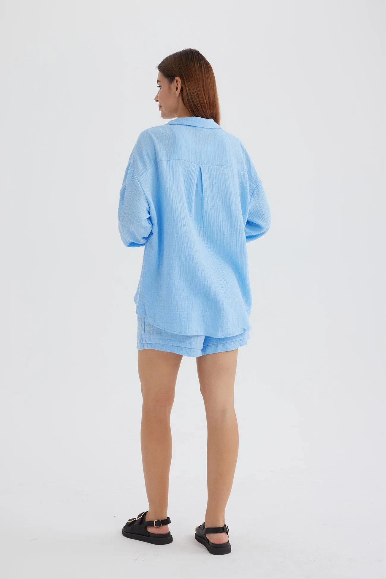 Long Sleeve Solid Color Shirt Shorts Set