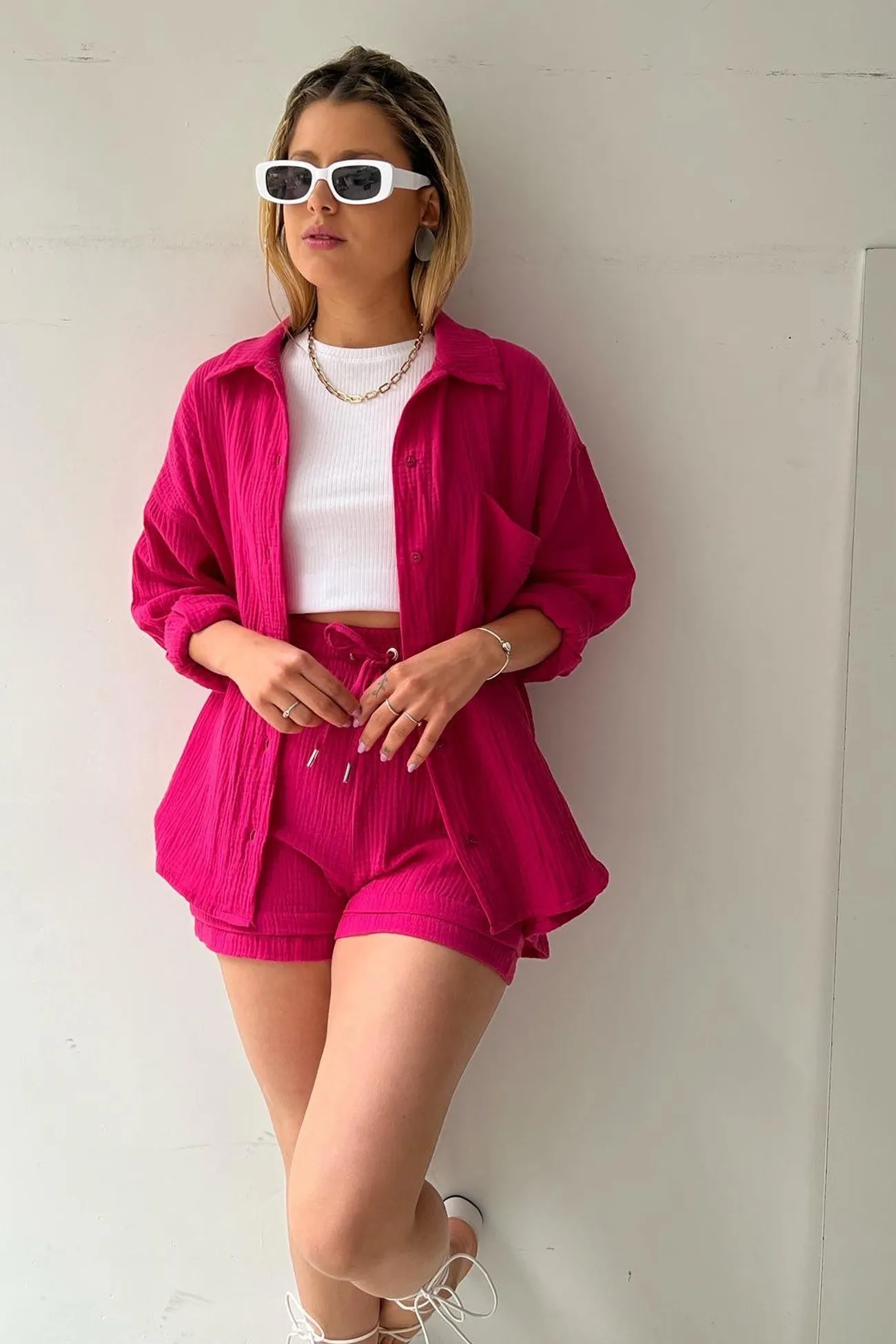 Long Sleeve Solid Color Shirt Shorts Set