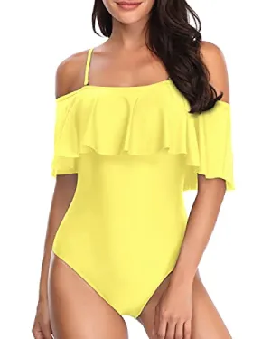 Long Torso Off Shoulder Vintage One Piece Swimsuits-Yellow