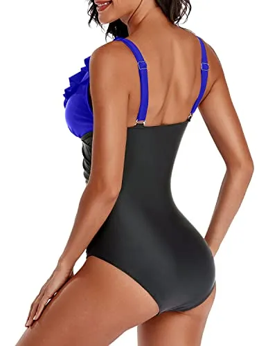 Long Torso Ruffle V Neck One Piece Bathing Suit-Royal Blue And Black