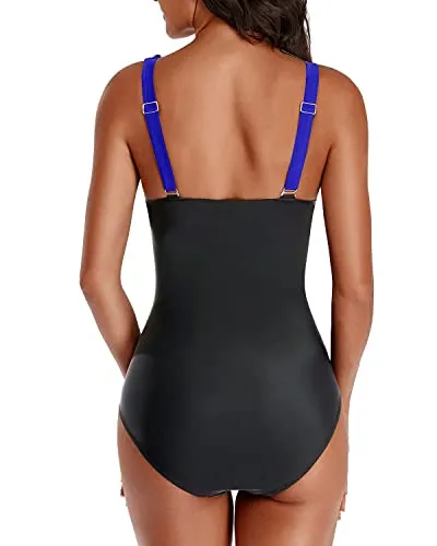 Long Torso Ruffle V Neck One Piece Bathing Suit-Royal Blue And Black