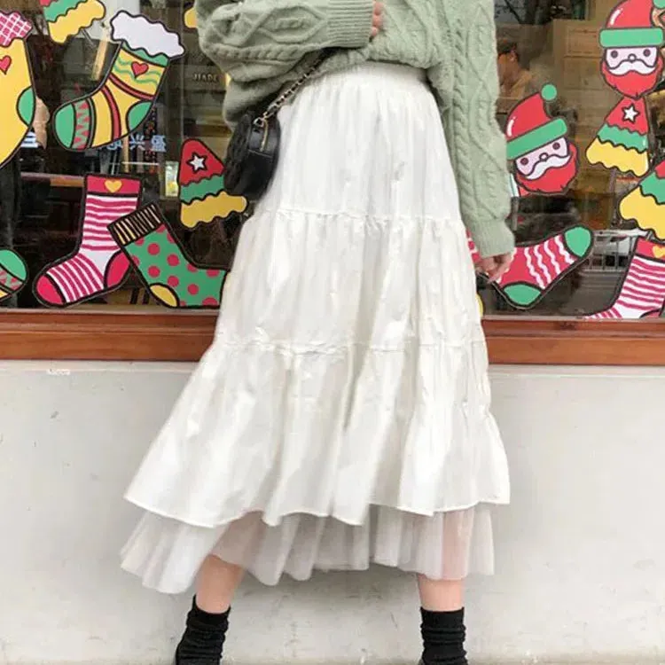 Long Tulle Midi Skirts Womens Autumn Elastic High Waist Tutu