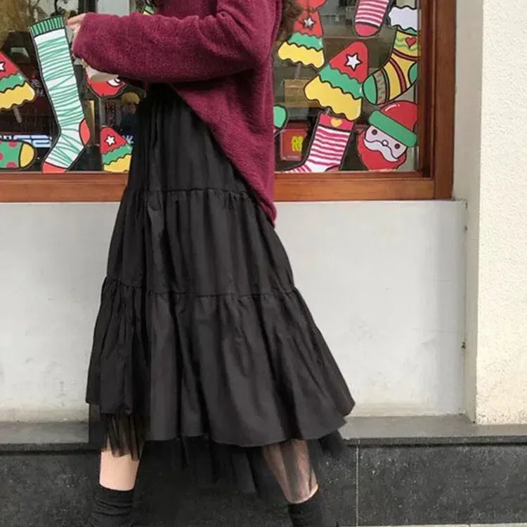 Long Tulle Midi Skirts Womens Autumn Elastic High Waist Tutu