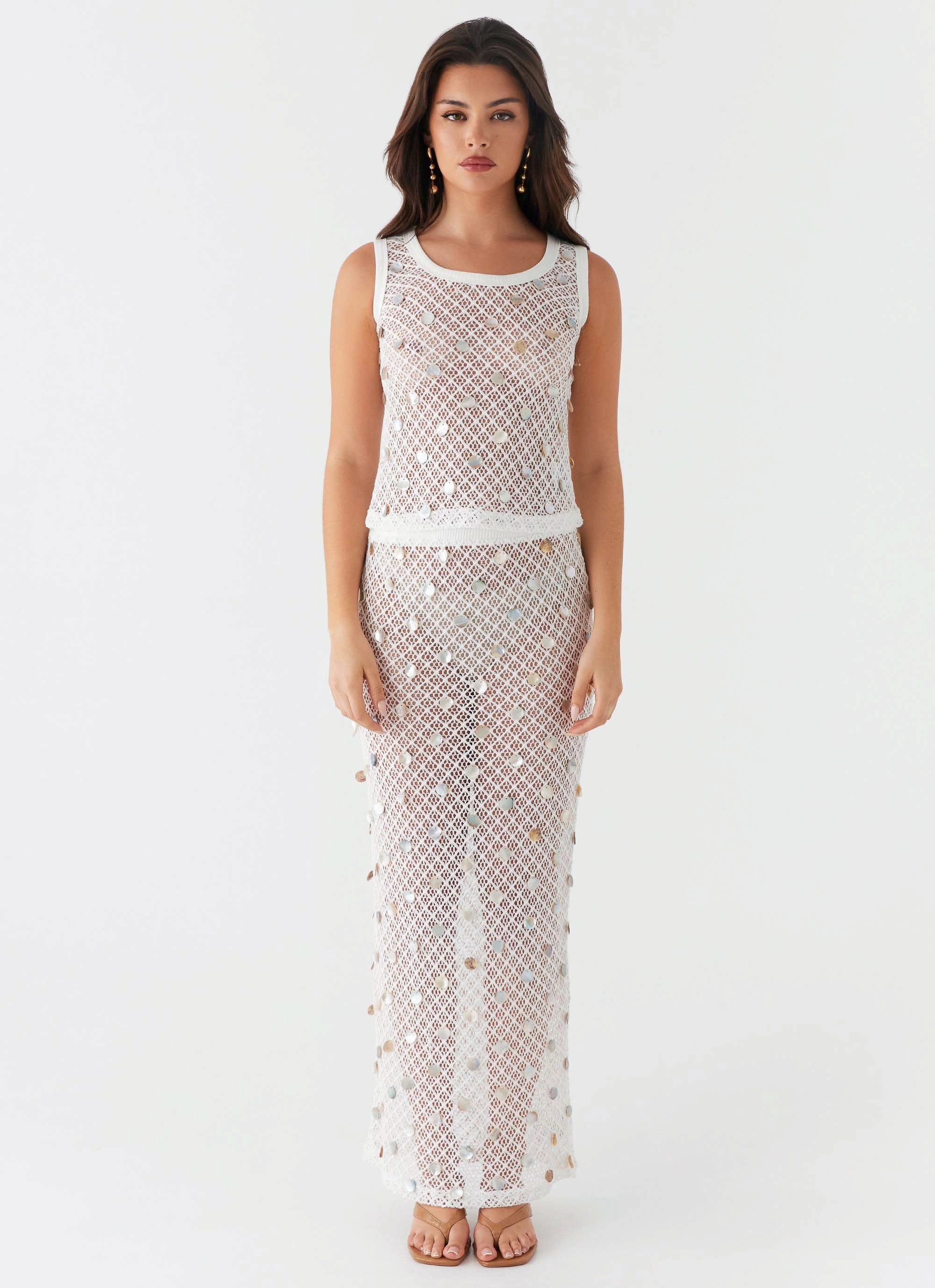 Non Restrictive Armholes Abrasion Resistant Finish Lovina Shell Knit Maxi Skirt - White