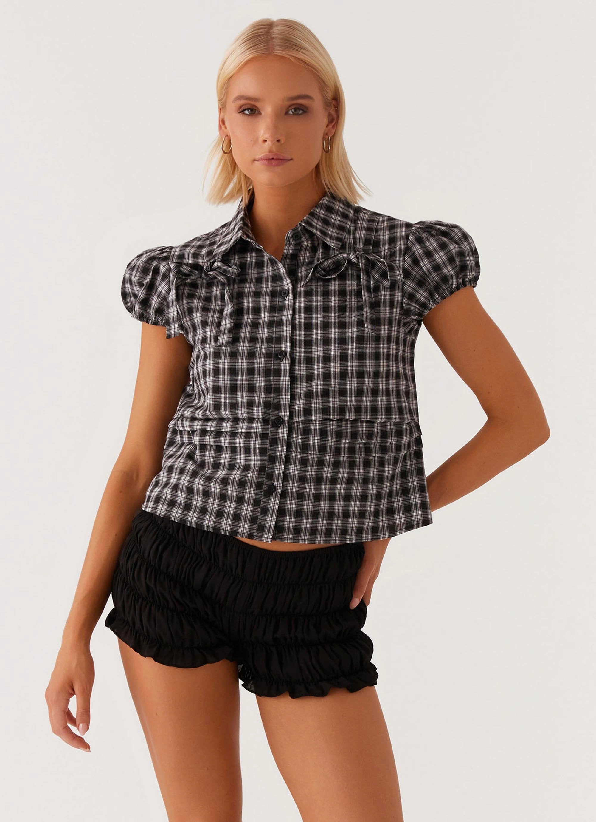 Lorraine Puff Sleeve Top - Black White Check Microfiber texture