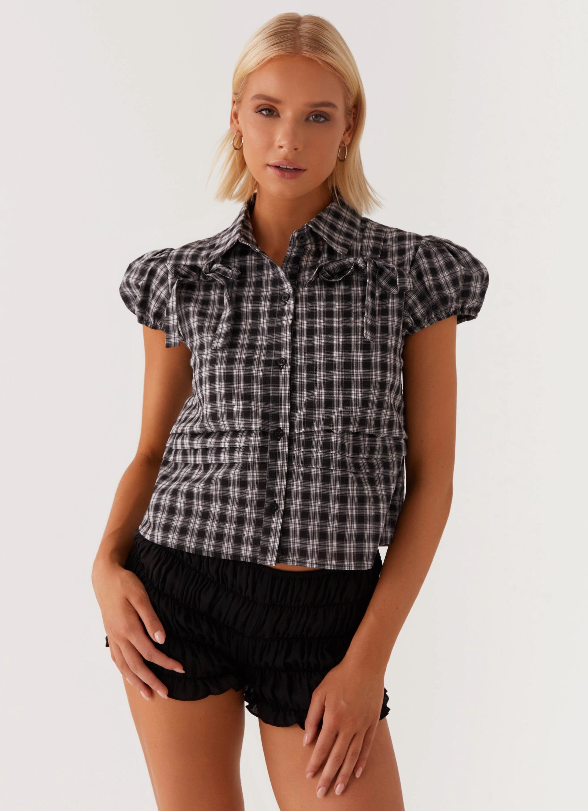 Lorraine Puff Sleeve Top - Black White Check LowMaintenance BondedEdges