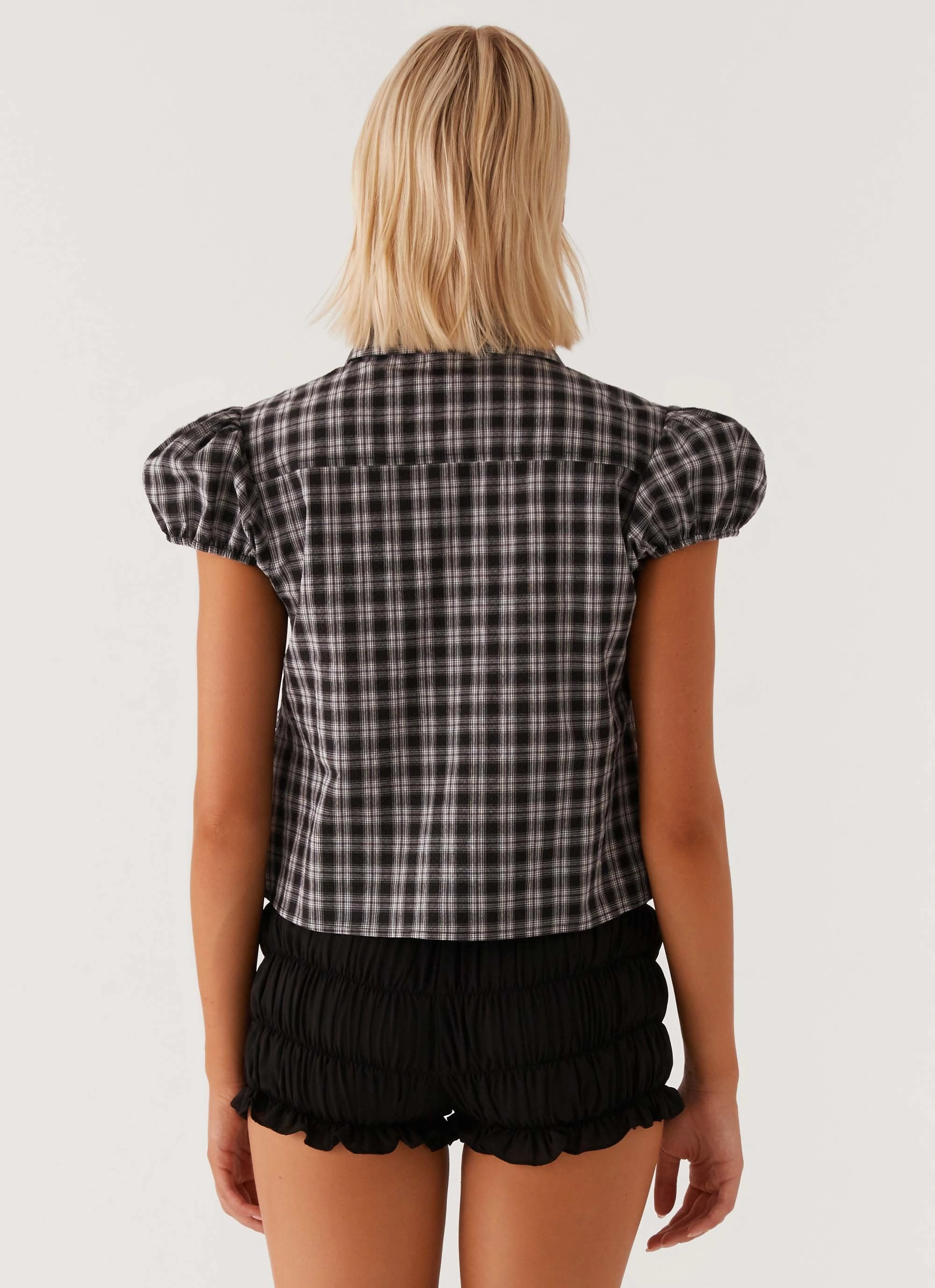 Lorraine Puff Sleeve Top - Black White Check ReflectiveTrims