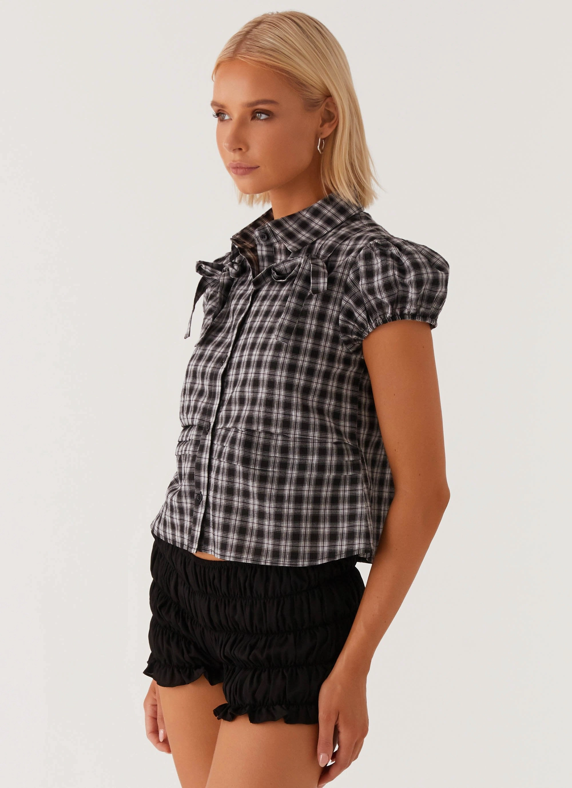 EcoFriendly Dye Process Lorraine Puff Sleeve Top - Black White Check