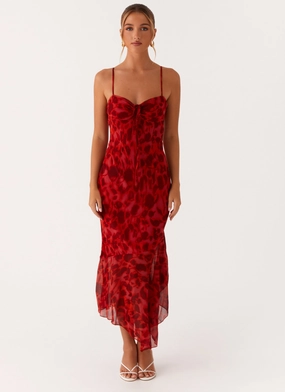Lounge Wear Sally Midi Dress - Deep Red Floral Sleek Movement Travel Essential Sally Midi Dress - Deep Red Floral