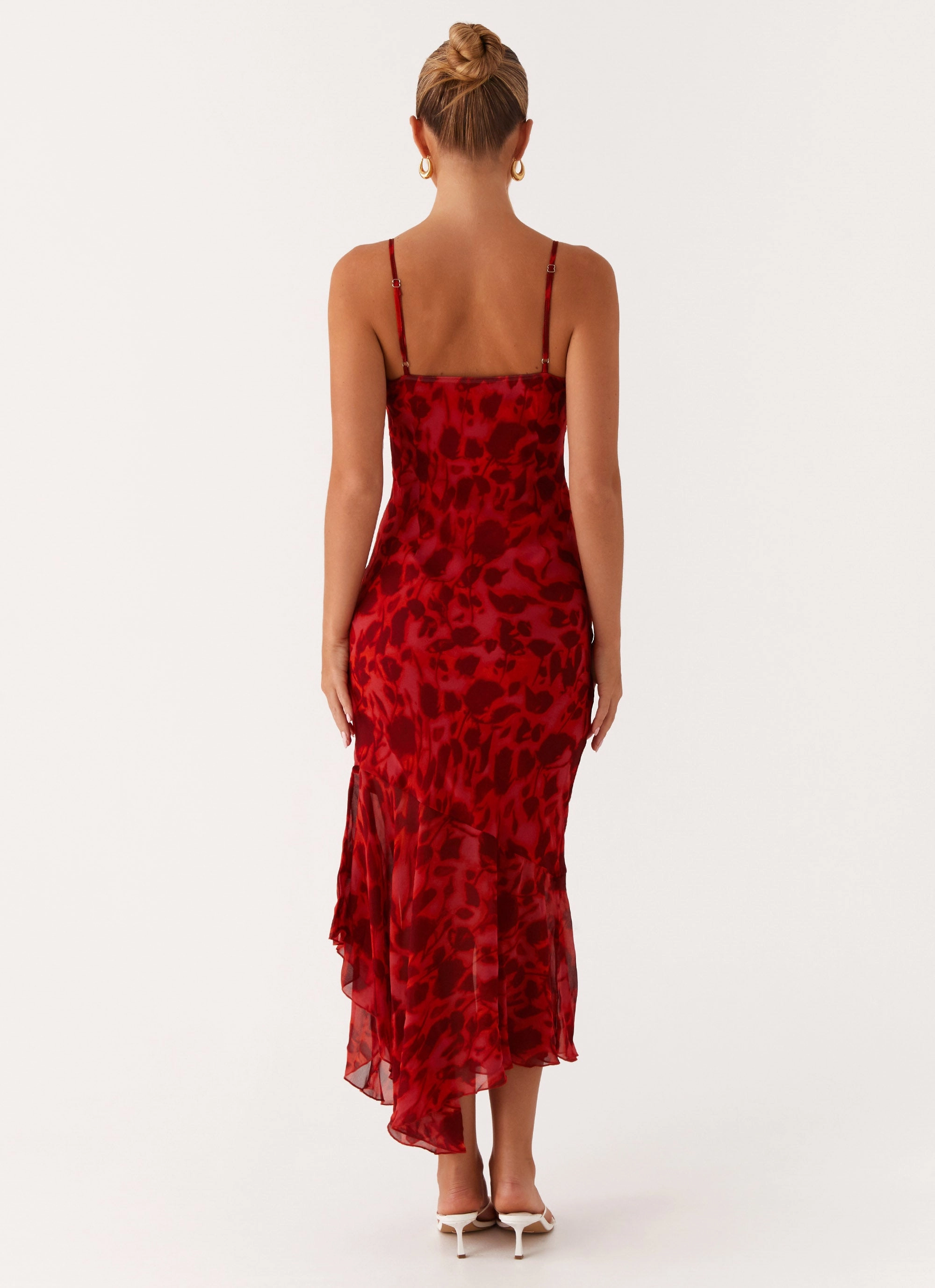 Sally Midi Dress - Deep Red Floral Front Ruffle Cute Glow