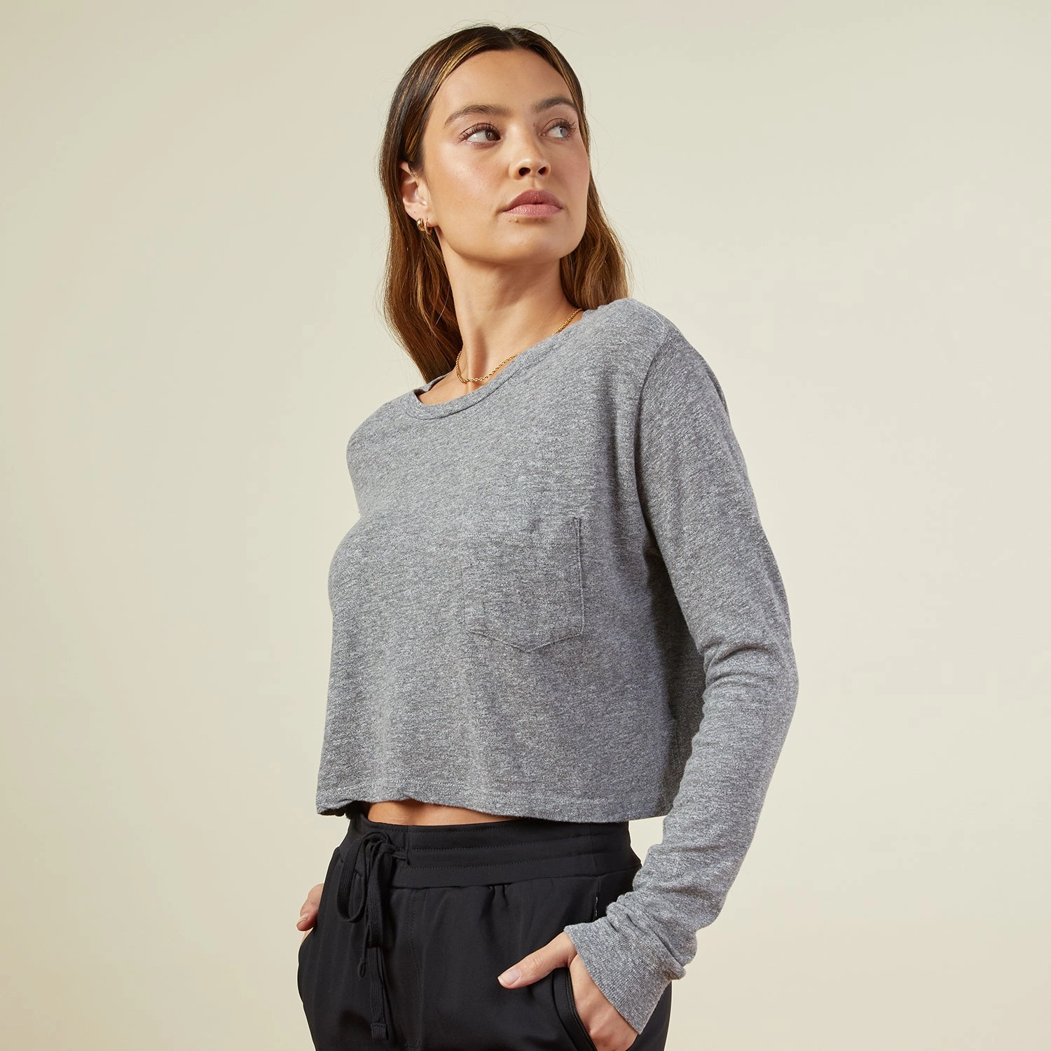 Cropped Long Sleeve Ex-Boyfriend Pocket Crew Cozy Wear
