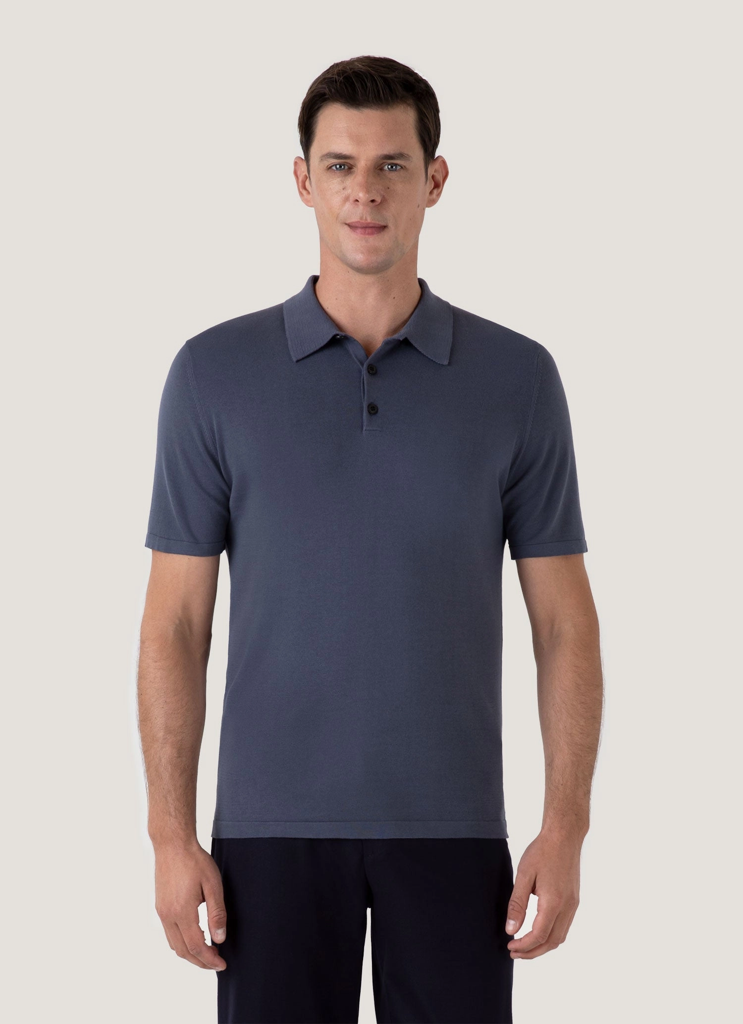 Men's Sea Island Cotton Knit Polo Shirt in Slate Blue Modern Cut Breathable Top