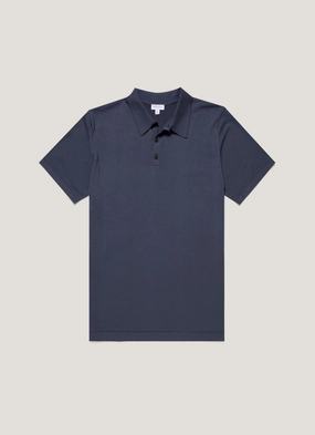 Low Profile Collar Men's Sea Island Cotton Knit Polo Shirt in Slate Blue Men's Sea Island Cotton Knit Polo Shirt in Slate Blue Premium Layering