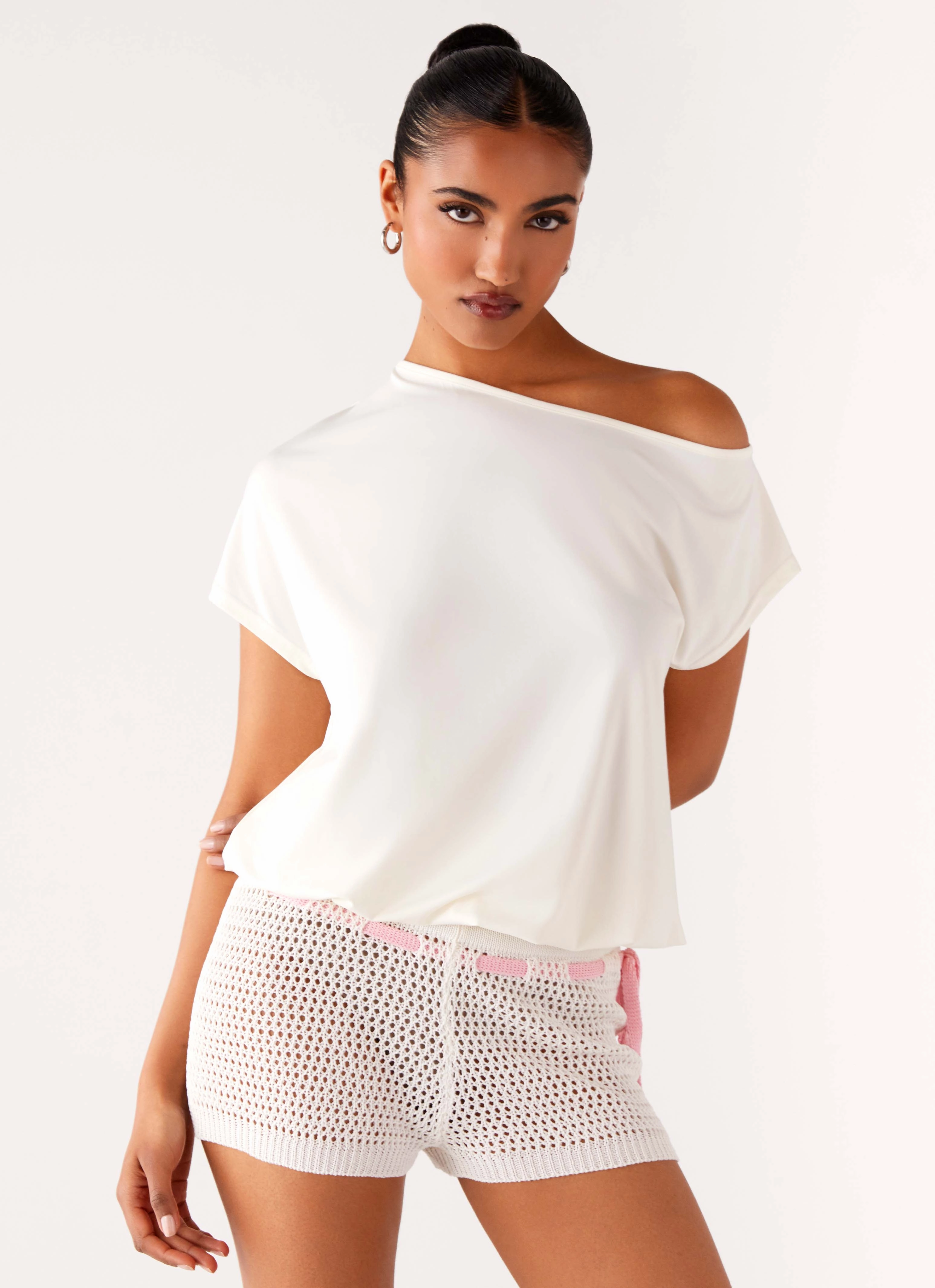 Raeni Off Shoulder Top - Ivory Anti Static Cloth Blend