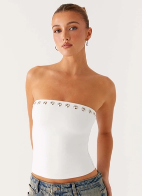 LowProfile Hem Miku Eyelet Strapless Top - White Miku Eyelet Strapless Top - White FlexibleSole Chic Cardigan
