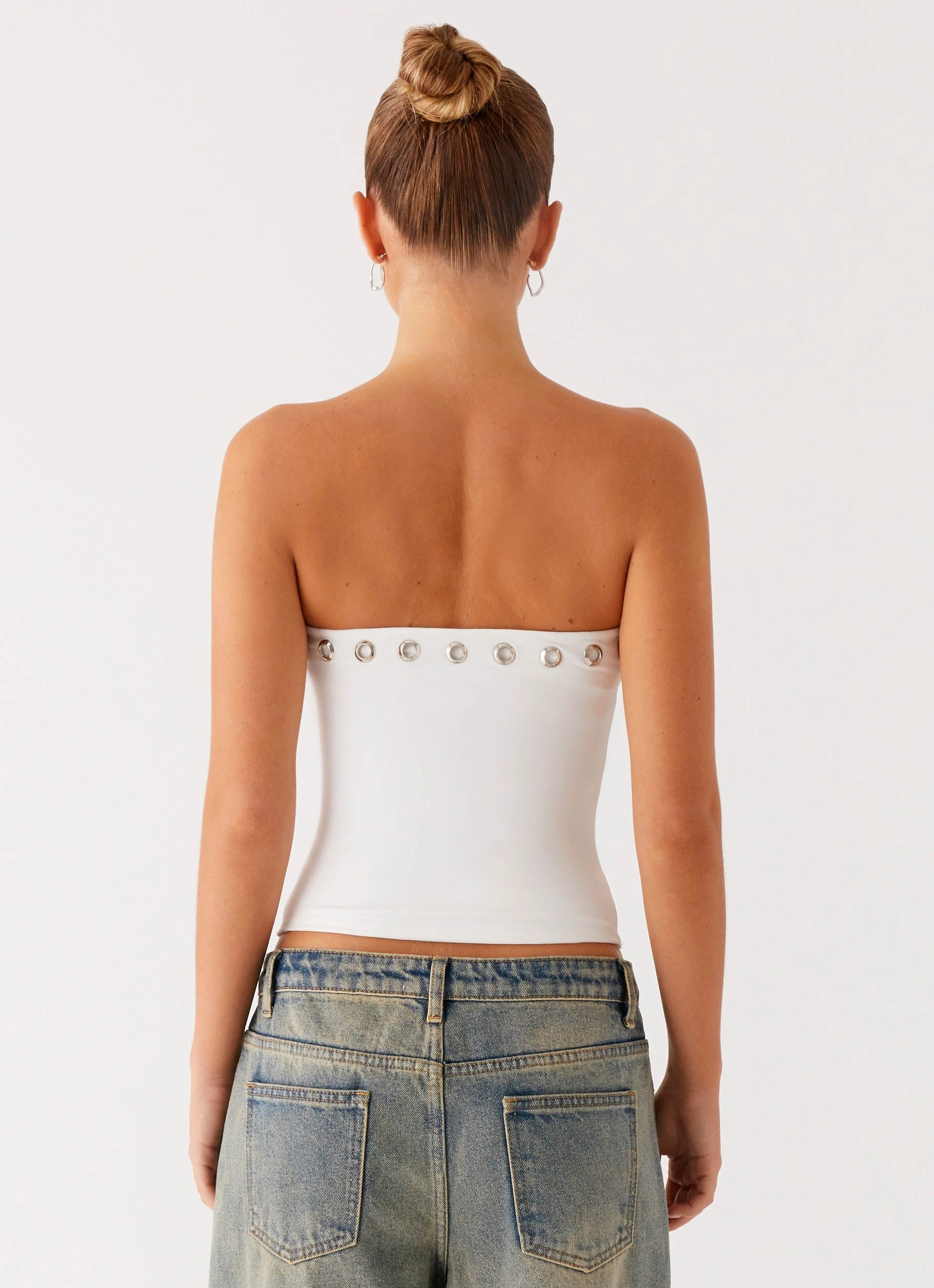 Non Restrictive Mobility Thermoregulating Fabric Miku Eyelet Strapless Top - White