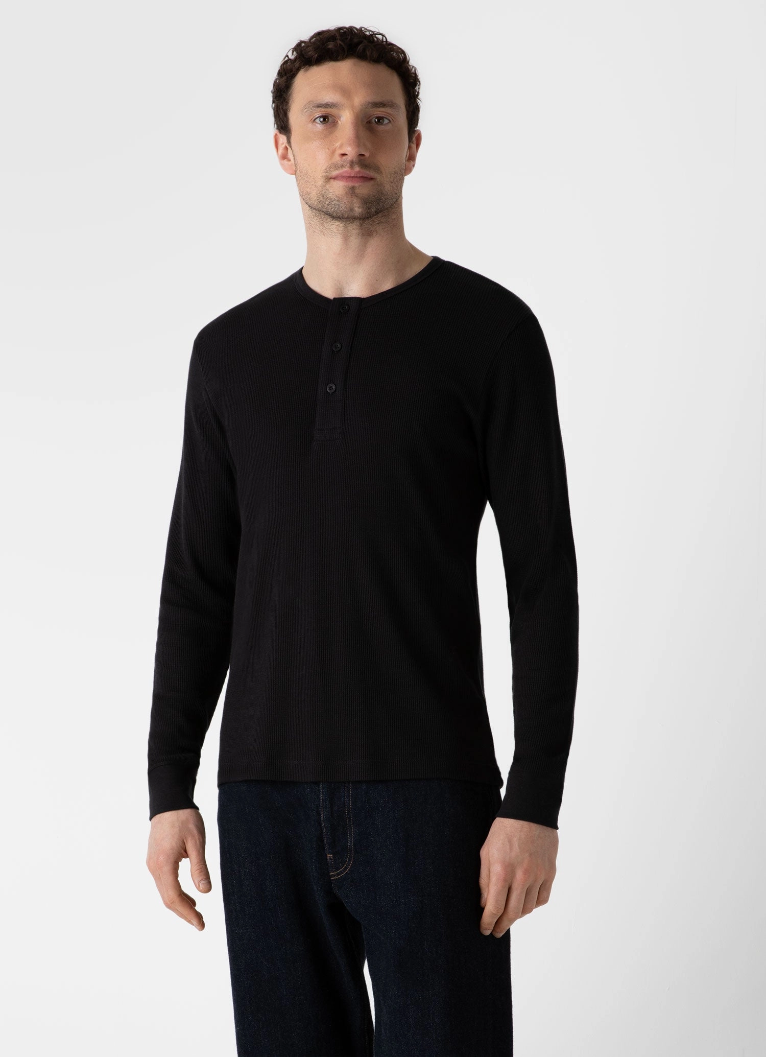 Men's Long Sleeve Waffle Henley in Black Oversized Silhouette